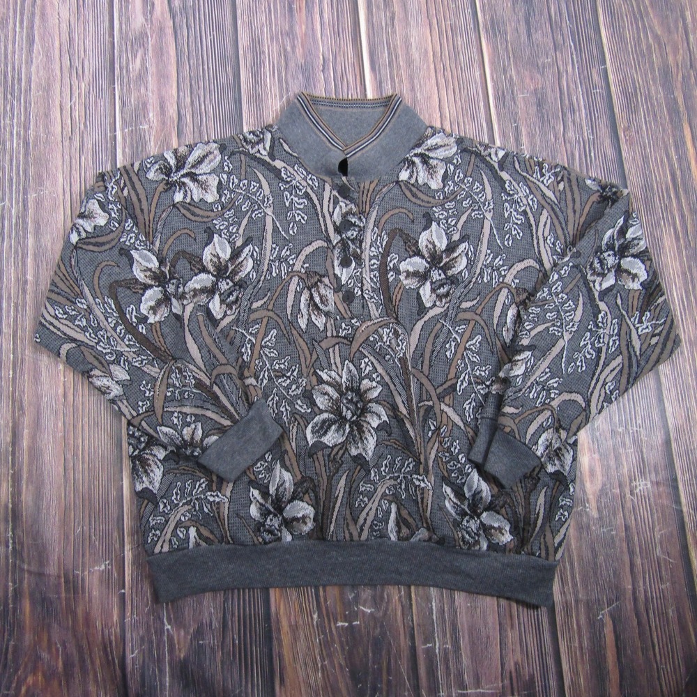 Season Ticket Womens Size 3X Gray Floral Knit Mock Neck Pullover Sweater Pockets